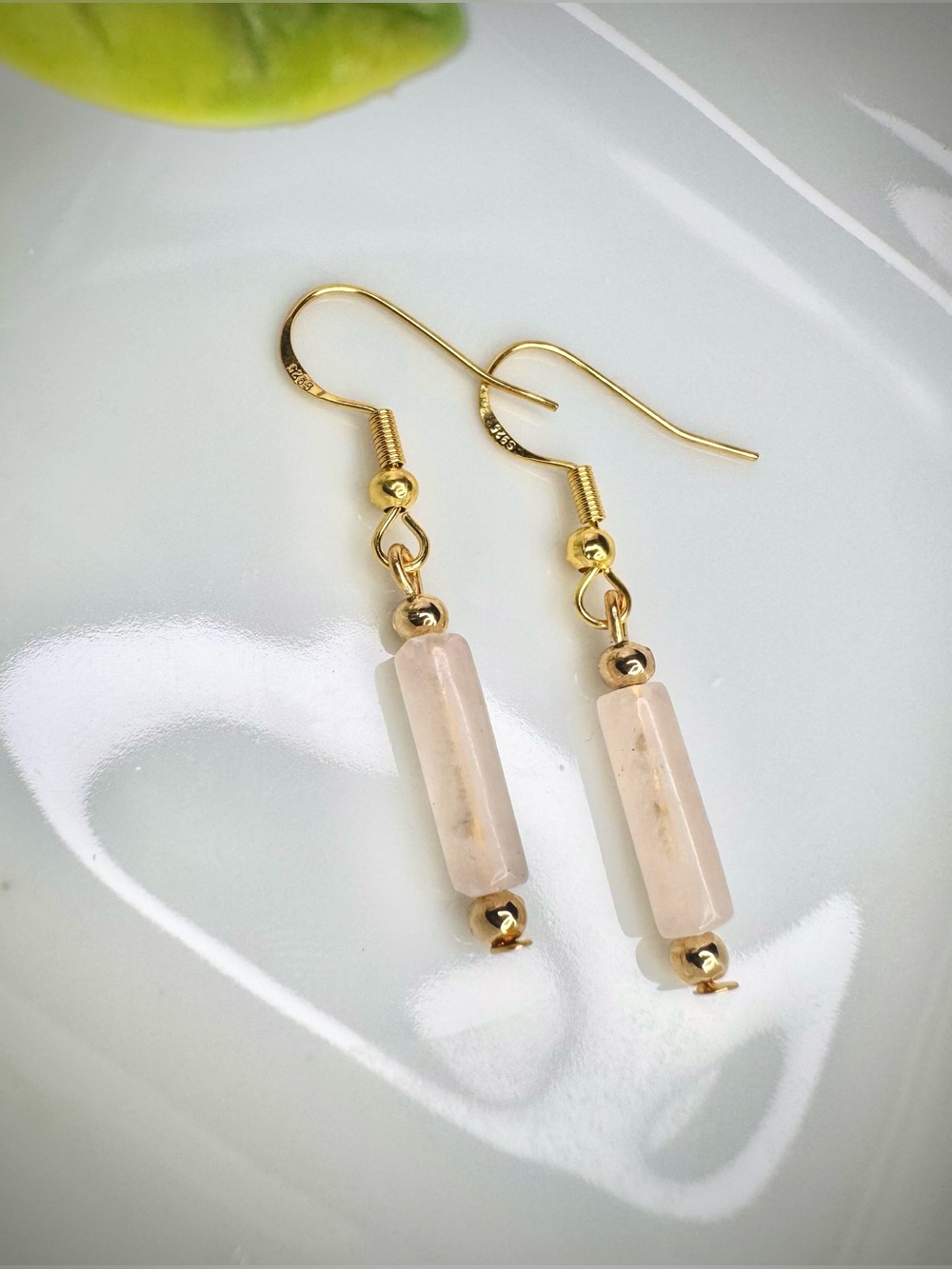Rose Quartz Dangle Earrings with Gold Tone 925 Sterling Silver